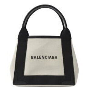 Balenciaga Navy Blue Cabas Handbag Off White Canvas